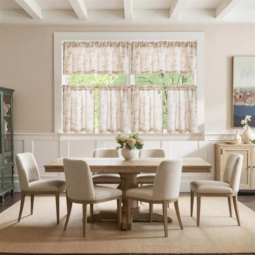 jinchan Taupe Linen Floral Kitchen Tier Curtains and Valance Set 3 Pieces - color: Alisa | Taupe on Linen, size: 26"W x 24"L (Pack of 3)