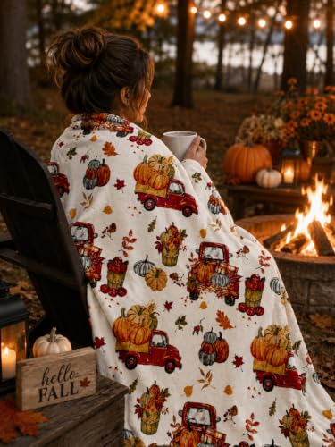 Fall Soft Fleece Throw Blanket, Harvest Pumpkins & Truck, 50" x 60" - color: Farm Truck