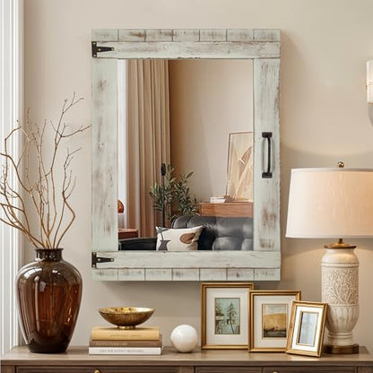 Oakrain Farmhouse Mirror, 24x32 Inch Distressed Gray Wood Frame with Black Metal Hinges, Rustic Wall Mirror for Bathroom, Living Room, Entryway, Bedroom - color: Grey-rectangular