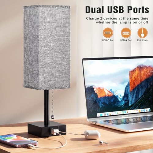 Set of 2 Grey Bedside Table Lamps for Bedroom - Nightstand Lamp, USB C+A - color: Gray & Black (2PCS), size: 14.3in