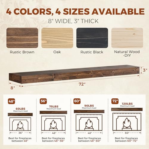72x8x3in Rustic Fireplace Mantel Pine Wood, Weathered Brown - color: Weathered Brown, size: 72x3x8-hollow