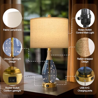 OYEARS 23" Table Lamps for Living Room Set of 2 Bedside Lamps for Night Stands Bedroom Lamps Farmhouse Rattan Boho Lamp Glass Nightlight End Table Lamp with USB C+A (Blue),Two Light Points - color: Blue