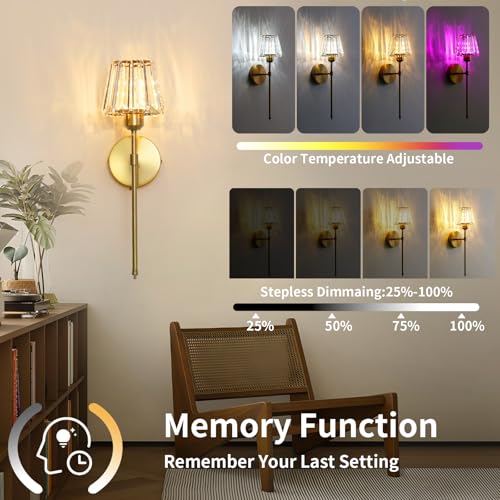 Battery Operated Crystal Wall Sconce Set of 2, Gold Rechargeable Wireless Wall Sconces with Remote Dimmable 12 Colors Modes Led Wall Lights, Wall Lamp for Bedroom Living Room Hallway, 2 Bulbs Included - color: Gold