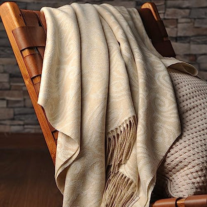 CUDDLE DREAMS Premium Cashmere Throw Blanket with Fringe (Paisley Beige) - color: Paisley Beige