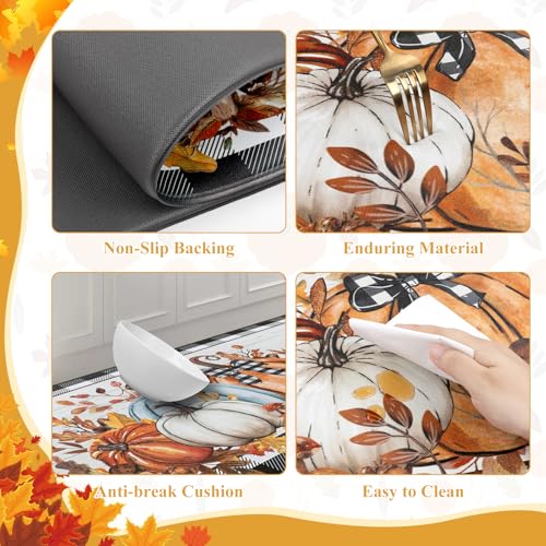 SHACOS Fall Anti Fatigue Kitchen Mats Pumpkins Gnome 17x27.5+17x47 | Orange Maple Black White Checkered Autumn Harvest Cushioned Kitchen Rugs Sets of 2 Non Slip Kitchen Floor Mat - color: Pumpkins Black Plaid