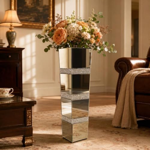 30" Large Crushed Diamond Floor Vases,Tall Mirrored Silver Crystal Vase, Floor Vases Decorative Tall for Home,Office,Hotel (8" L x 8" W x 30" H) - size: Gradual Diamond:8"L X 8"W X 30"H