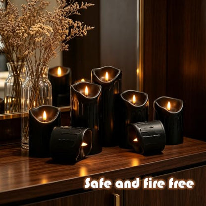 Nimiko Flameless Candles with Remote, Battery Operated Flickering Flameless Candles, LED Candles with Timer 2/4/6/8H, Realistic Drop Wax flameless Candle Set of 9 (D3 x H 3" 4" 5" 6" 7") (Black) - color: Black-dripping wax