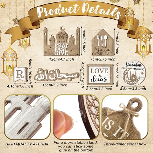 Shellwei 20 Pcs Eid Mubarak Tiered Tray Decor Ramadan Mubarak Table Decor Rustic Wooden Tabletop Signs for Home Black and Gold Muslim Islam Centerpiece for Islamic Gifts Kareem Home Table - style: Ramadan