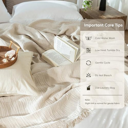 MooMee 100% Cotton Muslin Blanket, Fringed 4-Layer Gauze Bed Couch Throw - color: Beige, size: Throw