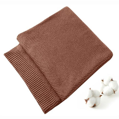 TREELY 100% Cotton Brown Knitted Throw Blanket 50"x60" - color: Brown, size: Throw(50" x 60")
