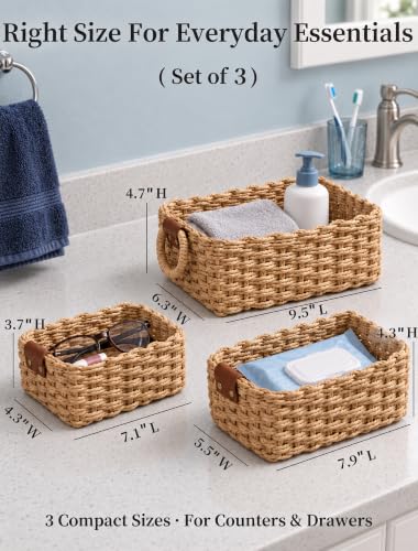 Small Wicker Baskets, 3 PCS Paper Rope Baskets for Shelves, Brown - color: Brown