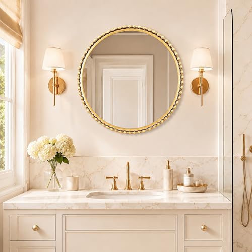 30" Round Bathroom Mirror, Antique Gold Bold Beaded Frame