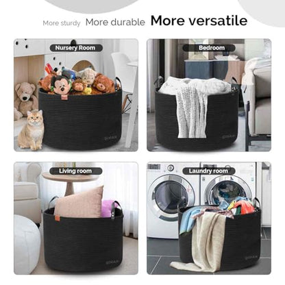Cotton Rope Woven Laundry Basket 22"X 22"X 14" with handles (Pure Blk) XXXL - color: Pure black