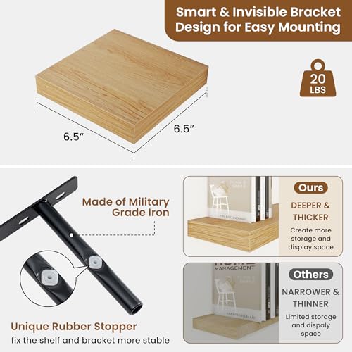 Floating Shelves for Wall, Wall Mounted Wood Shelves, Oak, Set of 3, 6.5” - color: Oak, size: 6.5"W x 6.5"D , 3 Pack