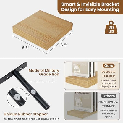 Floating Shelves for Wall, Wall Mounted Wood Shelves, Oak, Set of 3, 6.5” - color: Oak, size: 6.5"W x 6.5"D , 3 Pack