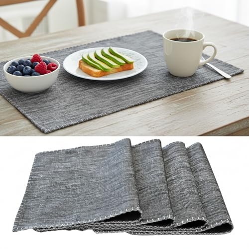 Dining Table Placemats with Decorative Stitched Edge Textured Cotton Cloth Kitchen Table Mats Machine Washable Woven Fabric Dinner Mats Washable Table Plate Mats Grey 14”x20” Set of 4 - color: Grey, size: 14"x 20"