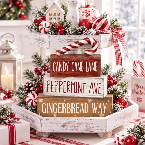Moucuny 4 Pcs Christmas Table Decor Candy Cane Lane Sign, Wood Block Set - style: Candy Cane Lane