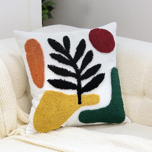 Woven Tufted Boho Throw Pillow Covers 18x18 Inch, Set of 1 - color: Green Botanical Tufted