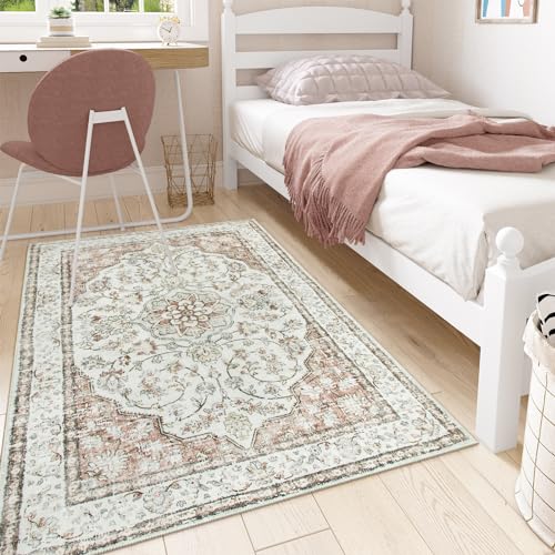 Lahome Oriental Throw Rug,3x5 Kitchen Rugs Non-Slip Washable,Ultra-Thin Boho Entryway Rug Indoor Entrance,Traditional Vintage Bathroom Rugs and Mats Soft for Bedroom Living Room Helena,Terracotta - color: Terracotta, size: 3' x 5' (Rectangular)