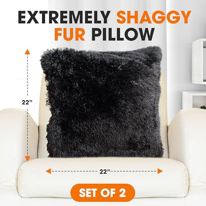 Cheer Collection Throw Pillows for Couch and Bed, Soft Shaggy Throw Pillows with Inserts Included, Cozy Long Hair Faux Fur Pillows - Set of 2-22" x 22" Black - color: Black, size: 22" x 22"