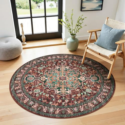 U'Artlines Boho Round Area Rug 4ft Machine Washable Carpet, Rust＆Teal - color: Rust＆teal, size: 4' (Round)