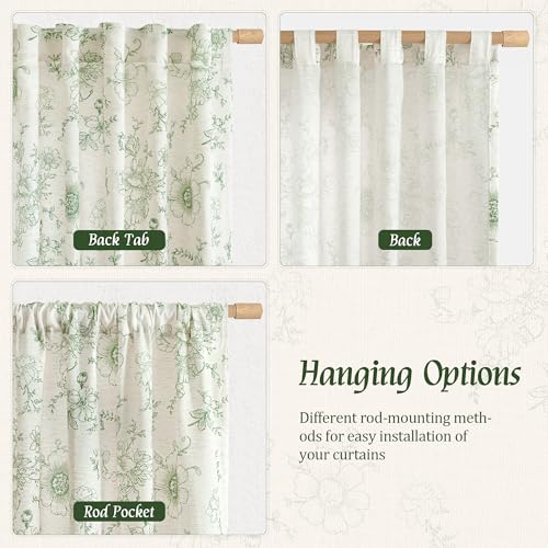 LAMIT Floral Linen Bedroom Curtains 63 Inches Long, Olive Green, 2 Panels - color: Olive Green, size: 52"W x 63"L (Pack of 2)