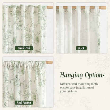 LAMIT Floral Linen Bedroom Curtains 63 Inches Long, Olive Green, 2 Panels - color: Olive Green, size: 52"W x 63"L (Pack of 2)