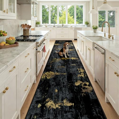 RELEANY Washable Runner 3'x12' Abstract Area Rug for Hallway Black Gold - color: Black/Gold, size: 3' x 12' (Runner)