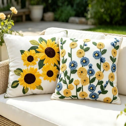 Sunflower Floral Spring Embroidered Throw Pillow Cover 18"x18" Set of 2 - color: Sunflower Yellow