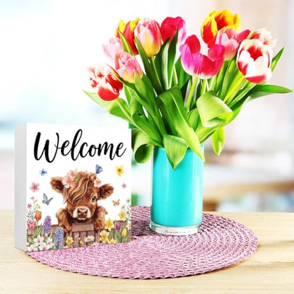 Cute Highland Cow Wooden Box Welcome Sign - color: Highland Cow