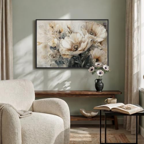 Framed Neutral Floral Wall Art for Modern Farmhouse Living Room, 24x36 In - color: Neutral Beige