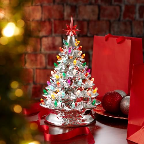 Casafield Hand Painted Ceramic Christmas Tree, Silver 15-Inch Pre-Lit Tree with 128 Multi Color Lights and 2 Star Toppers - color: Silver