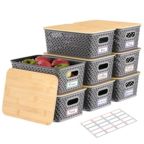 Anysig 8 Pack Plastic Storage Bins with Bamboo Lids, 5.2 QT Stackable Bins - color: Gray