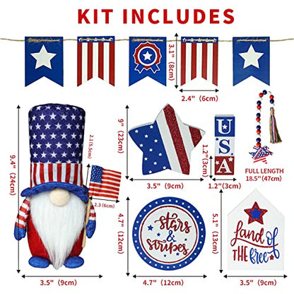 9PCS 4th of July Tiered Tray Decor, Red White and Blue Decorations Patriotic Gnome, Memorial Labour Day Wood Signs, 250th Anniversary Farmhouse Rustic Patriotic Decorations for Home - style: Patriotic
