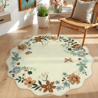 Lahome Floral Round Area Rugs, Washable Circle Small Round Rug 3ft Non-Slip - color: Beige, size: 3'(Round)