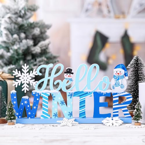 MiniInflat Hello Winter Table Decor Winter Metal Table Sign Christmas Blue Snowman Snowflake Decor with Wood Base for Wonderland Decorations Xmas Home Tiered Tray Mantel Tabletop Centerpiece - style: Hello Winter