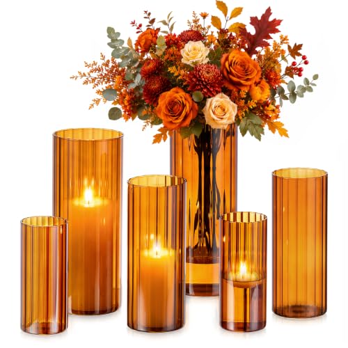 Glasseam Hurricane Glass Candle Holders, 6 Pcs Amber Ribbed Flower Vase Set - color: Amber