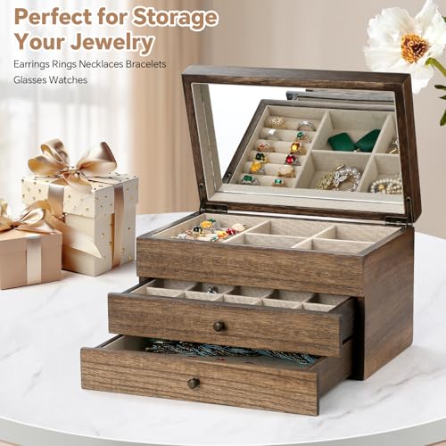 Meangood Jewelry Box Organizer for Women, 3 Layer Large Jewelry Storage Case, Rustic Wooden Jewelry Box with Mirror & Ring Tray for Necklace Earring Bracelets Rings, Vintage Style (Walnut) - color: Walnut, size: 2-Drawer