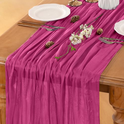 Fuschia Cheesecloth Table Runner Fall Boho Wedding Birthday Home Decor - color: Fuschia, size: 14ft