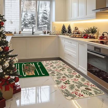 Baccessor Green Christmas Kitchen Rugs Winter Set of 2 17x29 and 17x47 Inch - color: Green Home Sweet Home