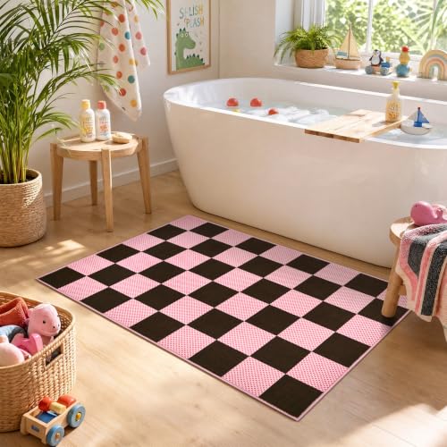GarveeHome Checkered Brown Pink 2x3 Washable Rug Low-Pile Room Door Mat - color: Brown Pink, size: 2' x 3' (Rectangular)