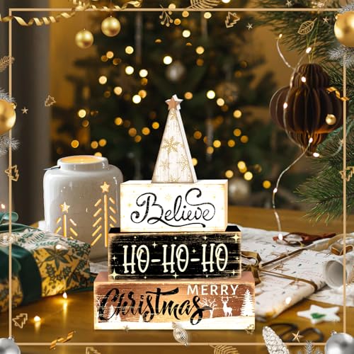 Britimes Christmas Tiered Tray Decor Set, 4 Pack, Wooden Sign, Reindeer - style: Christmas Tree Star