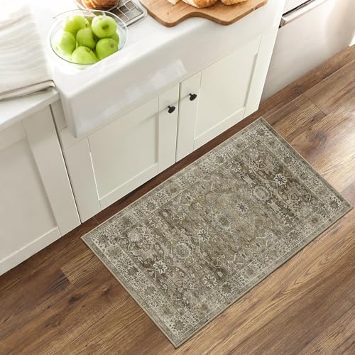 2x3 Entryway Rug Brown Grey Washable Kitchen Rugs for Entryway - color: Antique/Moss, size: 2'*3'(Rectangular)