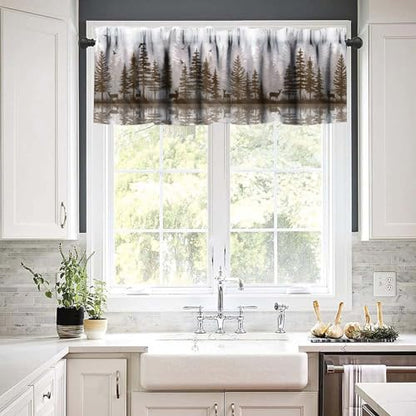 Misty Forest Valance Curtain, Rustic Farmhouse Pine Tree Landscape Country Woodland Deer Print Blackout Short Window Drape for Kitchen Living Room Bedroom, 54x18inch - color: Deer-3
