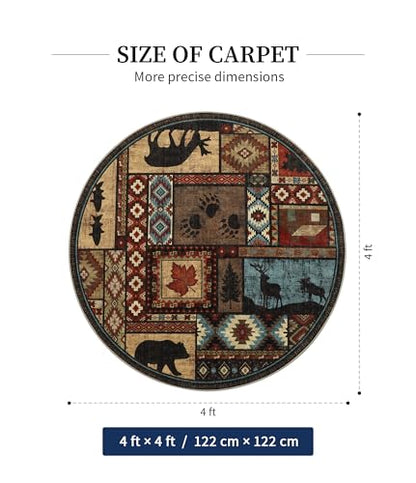 YIHOUSE 세탁 가능한 러스틱 캐빈 라운드 러그, 1.2m(4피트) - color: 브라운., size: 4' (Round)