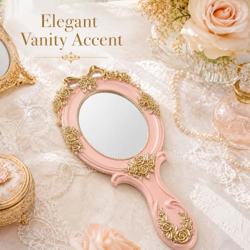 Vintage Princess Hand Held Mirror - Antique Handle Makeup Mirrors, Pink - color: Pink