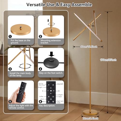 NUÜR Modern Gold Floor Lamp, Dimmable LED Standing Lamp with Remote - style: 3-Bar Linear Gold Floor Lammp