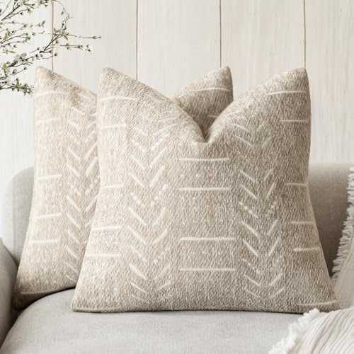 Foindtower Set of 2 Decorative Chenille Jacquard Throw Pillow Covers Textured Farmhouse Vintage Cushion Covers Neutral Boho Accent Home Decor for Sofa Chair Couch Living Room,18×18 Inch,Natural Beige - color: Beige, size: 18" x 18" (Pack of 2)