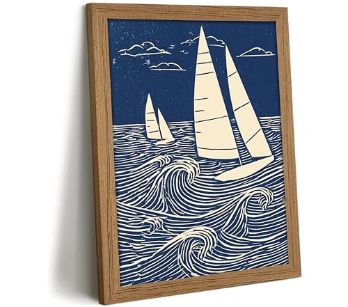 DULASI Framed Sailboat Wall Art, Japanese Blue Ocean Canvas Prints, 8x10in - color: Blue Sailboat, size: 8x10in