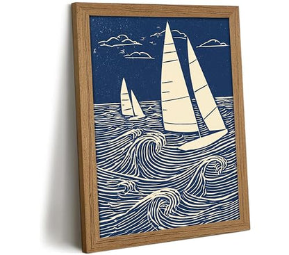 DULASI Framed Sailboat Wall Art, Japanese Blue Ocean Canvas Prints, 8x10in - color: Blue Sailboat, size: 8x10in